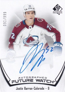 21-22 SP Authentic - Justin BARRON č. 185 x/999 FUTURE WATCH AUTOGRAPHED