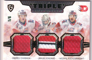 24-25 GOAL Cards - Ondřej CHABADA, Jakub VONDRAŠ, Michal POCHOBRADSKÝ č. JM-11 Triple Jersey Materials 1/6